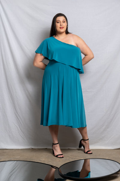 Off Shoulder Midi Frill Dress - Teal (More Options)