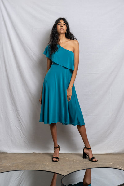 Off Shoulder Midi Frill Dress - Teal (More Options)