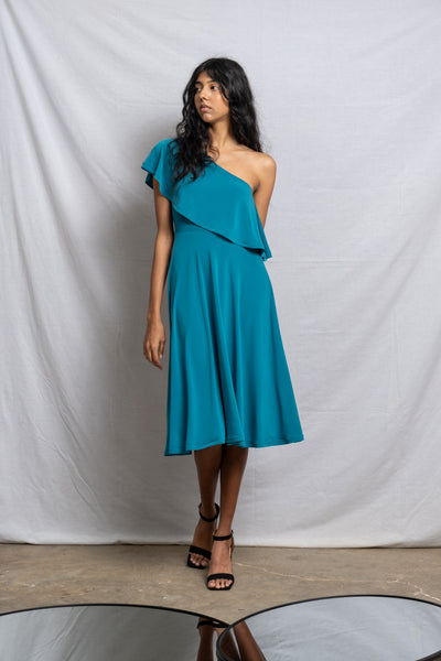 Off Shoulder Midi Frill Dress - Teal (More Options)