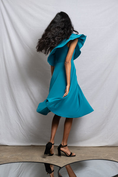 Off Shoulder Midi Frill Dress - Teal (More Options)