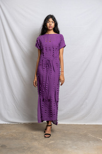 Laser Cut Apron Dress - Plum