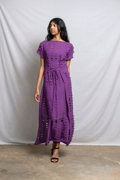 Laser Cut Apron Dress - Plum