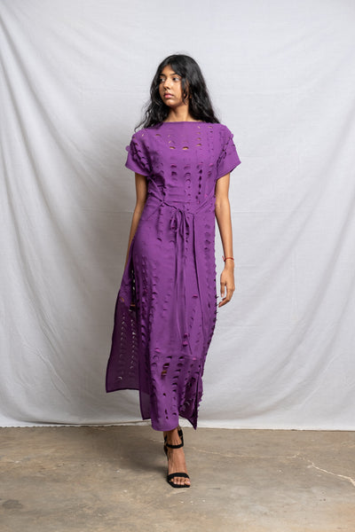 Laser Cut Apron Dress - Plum